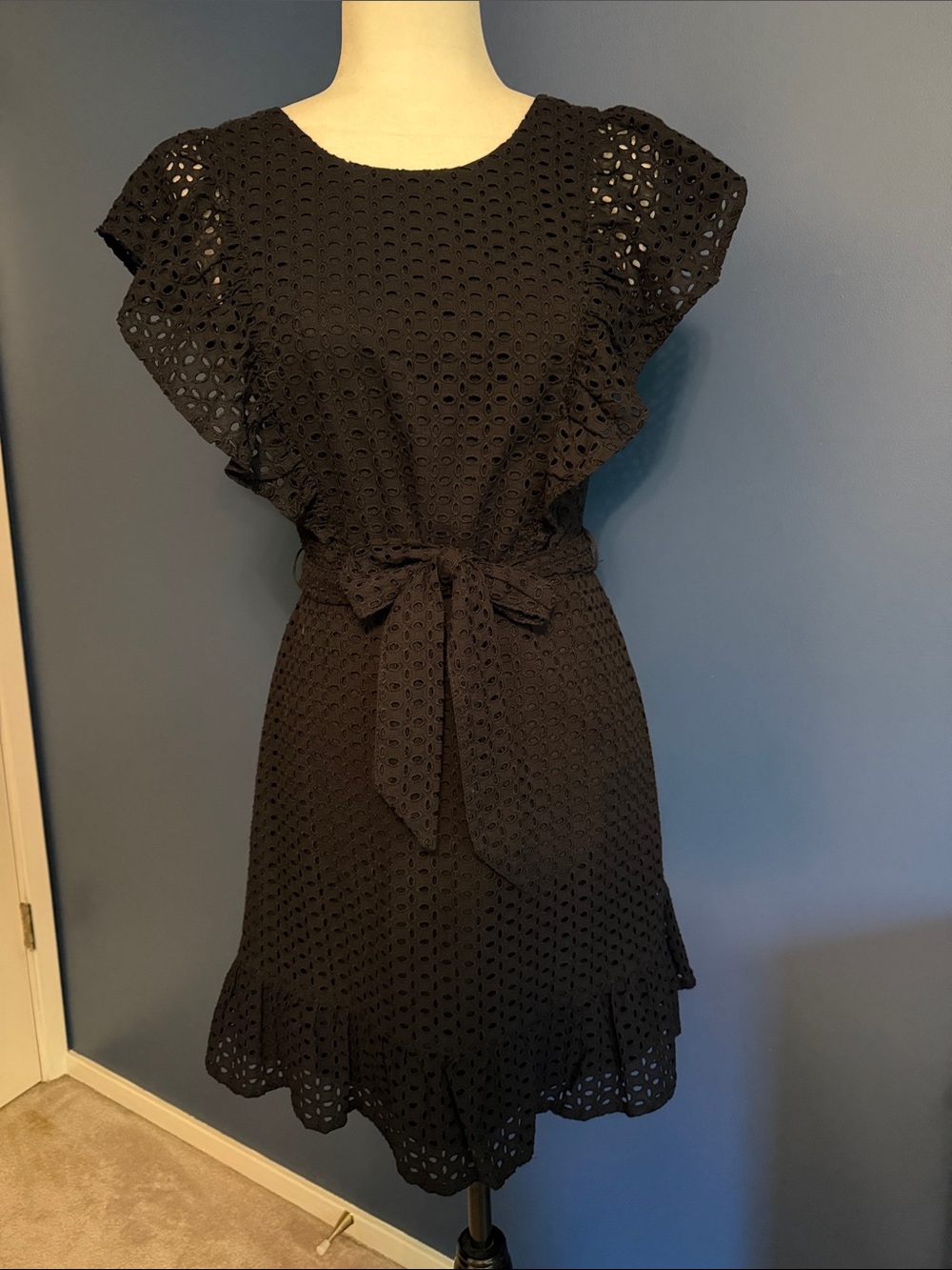 Black Eyelet Tie-Waist Ruffle Dress